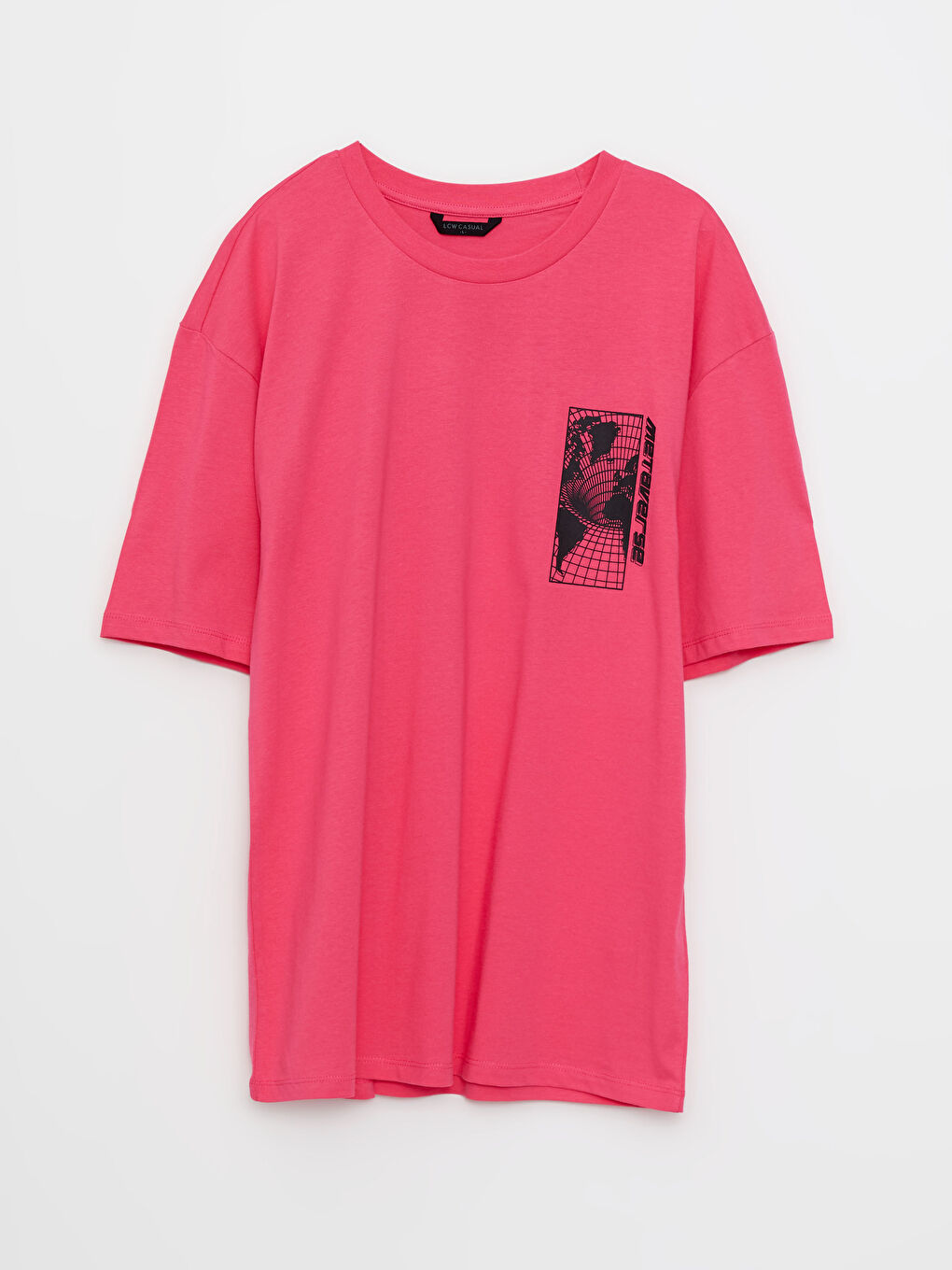 Fuşya Bisiklet Yaka Kısa Kollu Baskılı Penye Erkek Tişört-5