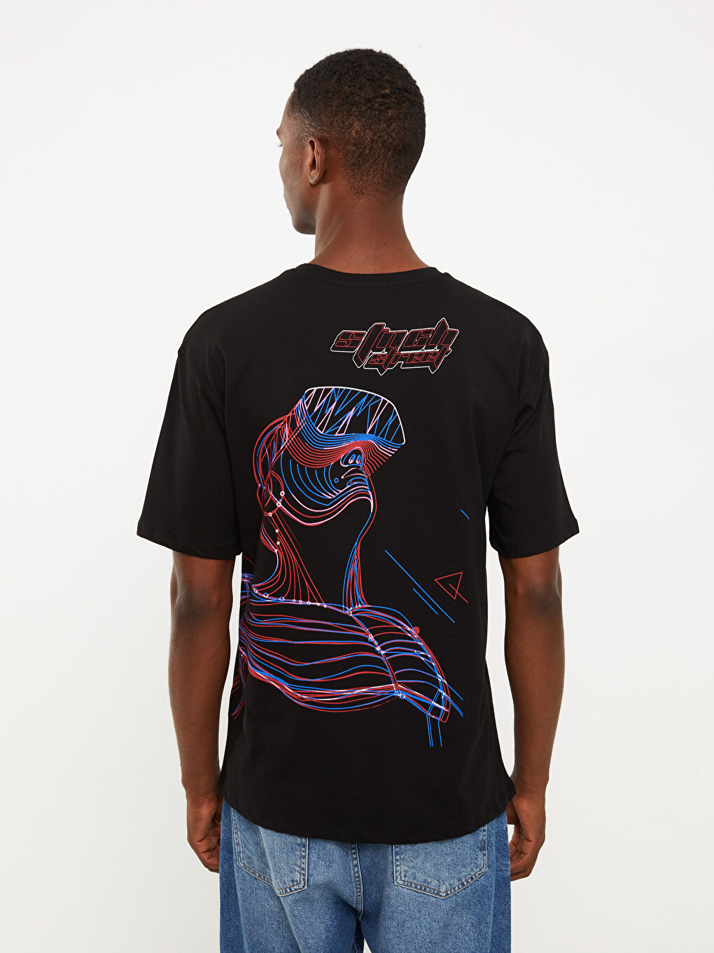 Siyah Bisiklet Yaka Kısa Kollu Baskılı Penye Erkek Tişört-4