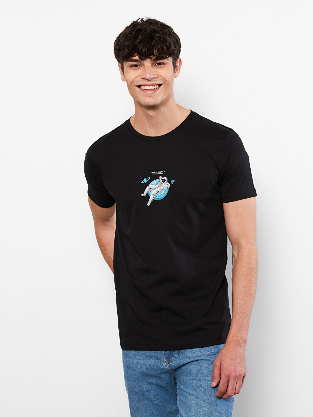 Siyah Bisiklet Yaka Kısa Kollu Baskılı Penye Erkek Tişört