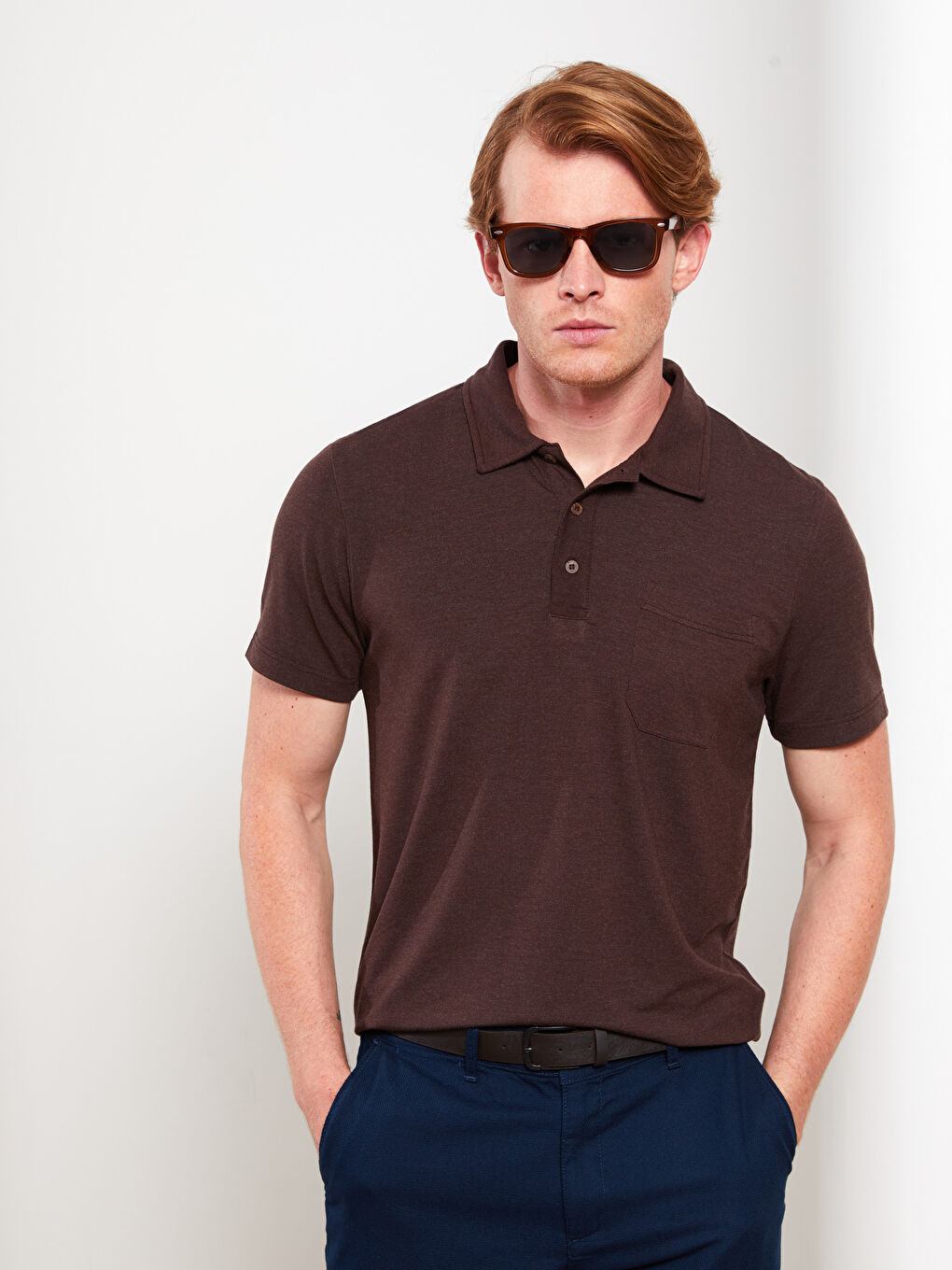 Kahverengi Polo Yaka Kısa Kollu Penye Erkek Tişört