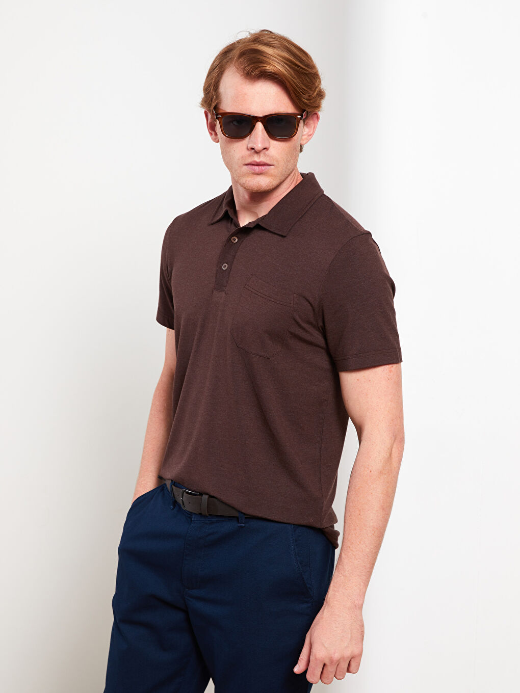 Kahverengi Polo Yaka Kısa Kollu Penye Erkek Tişört-1