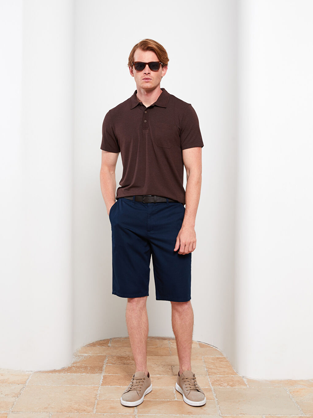 Kahverengi Polo Yaka Kısa Kollu Penye Erkek Tişört-2