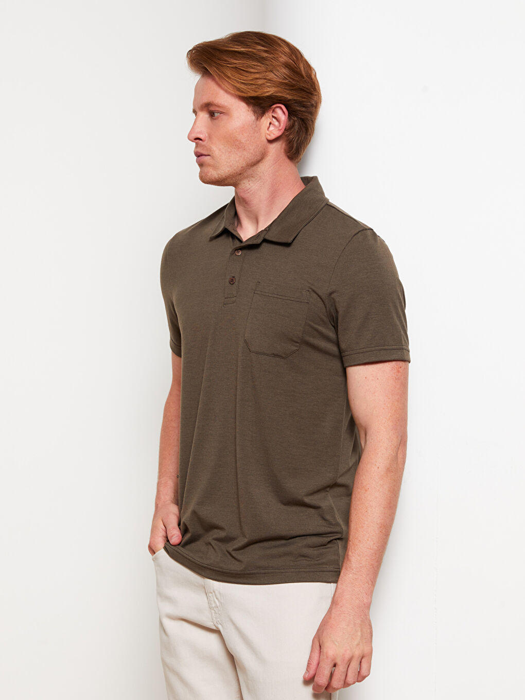 Haki Polo Yaka Kısa Kollu Penye Erkek Tişört-1
