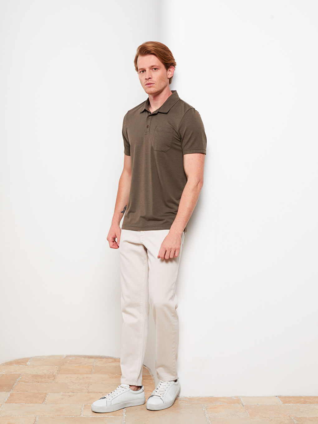 Haki Polo Yaka Kısa Kollu Penye Erkek Tişört-2