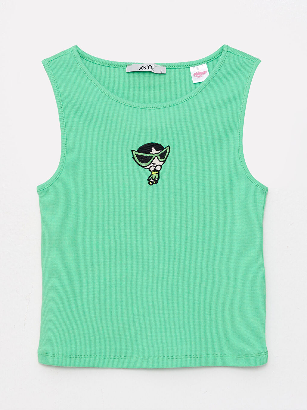 Yeşil Bisiklet Yaka Powerpuff Girl Nakışlı Kadın Crop-5