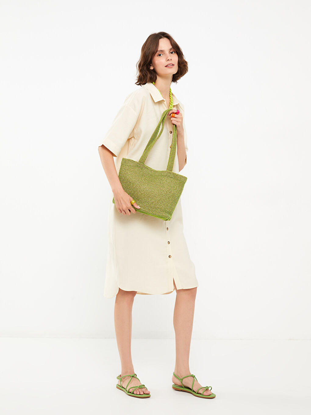 Yeşil Düz Hasır Kadın Plaj Çantası-1
