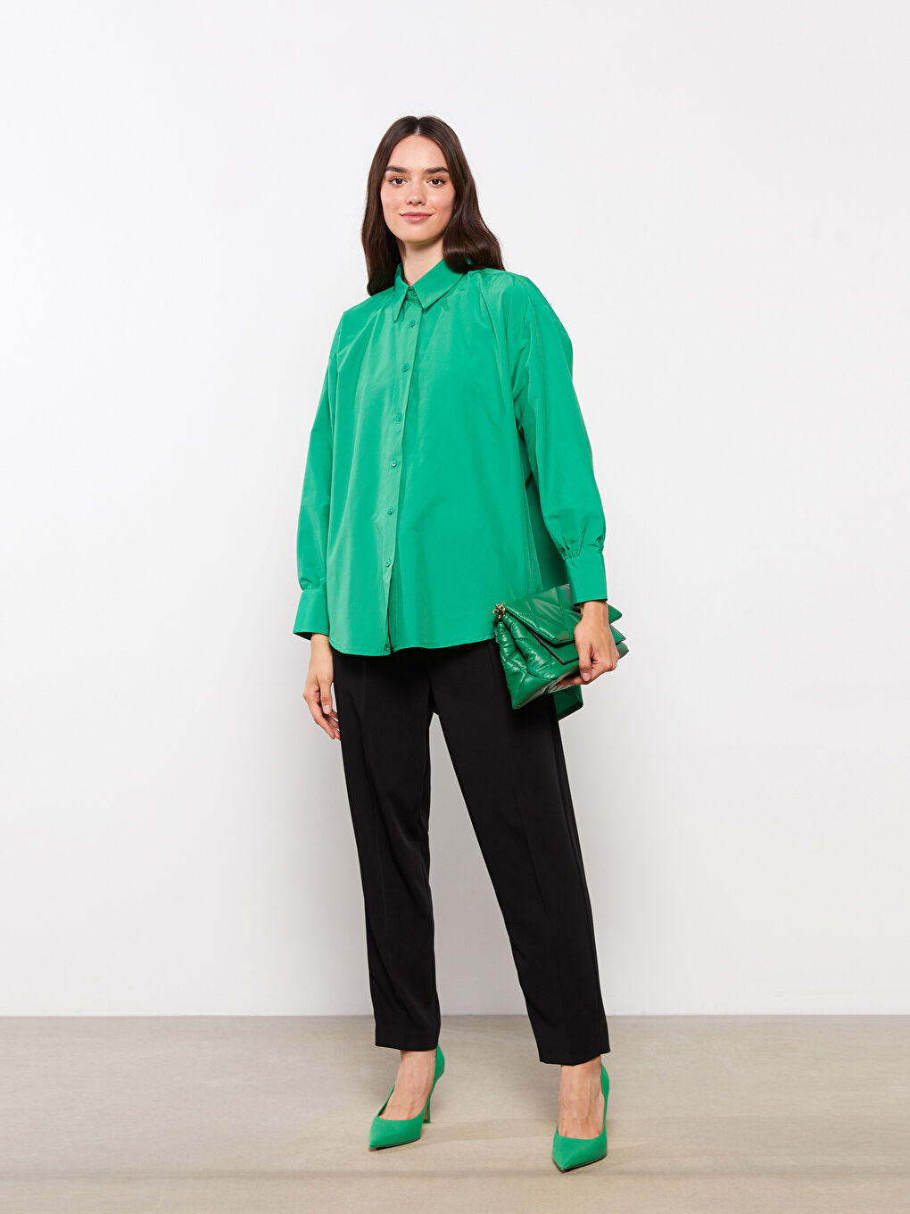 Yeşil Düz Poplin Kadın Gömlek Tunik