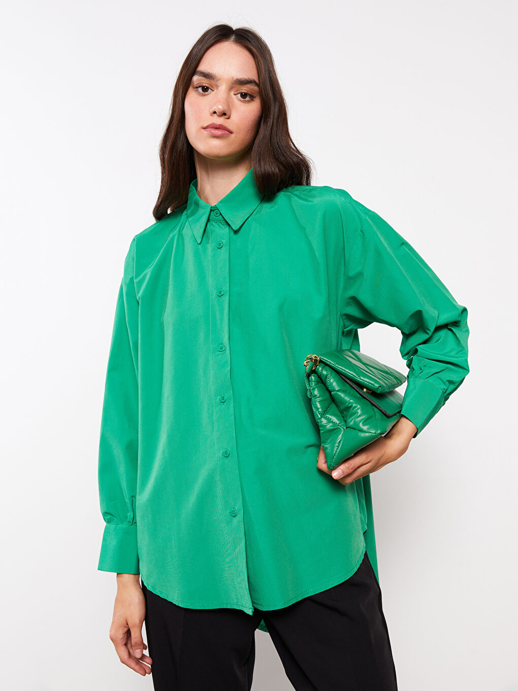 Yeşil Düz Poplin Kadın Gömlek Tunik-1