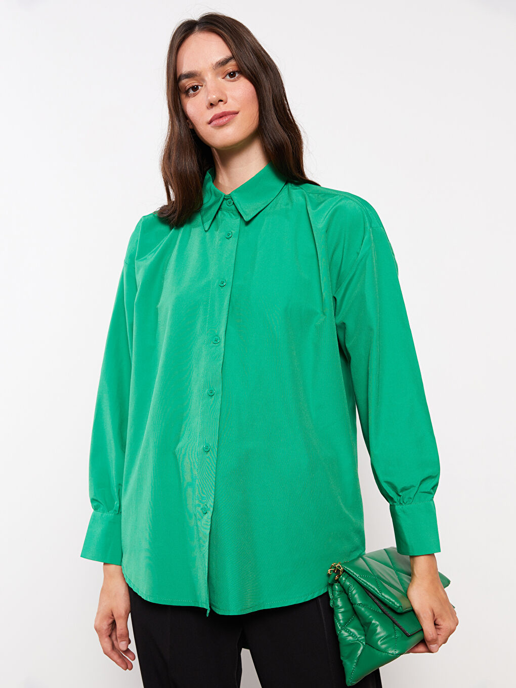 Yeşil Düz Poplin Kadın Gömlek Tunik-2