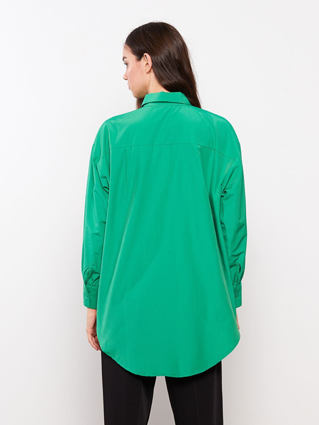 Yeşil Düz Poplin Kadın Gömlek Tunik-4