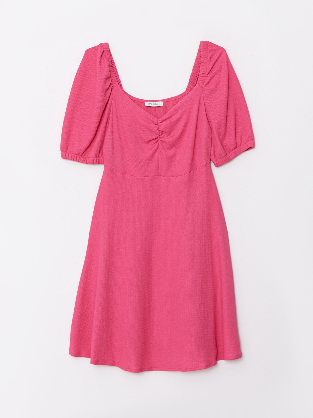 Fuşya Kalp Yaka Düz Kısa Kollu Kadın Elbise-5