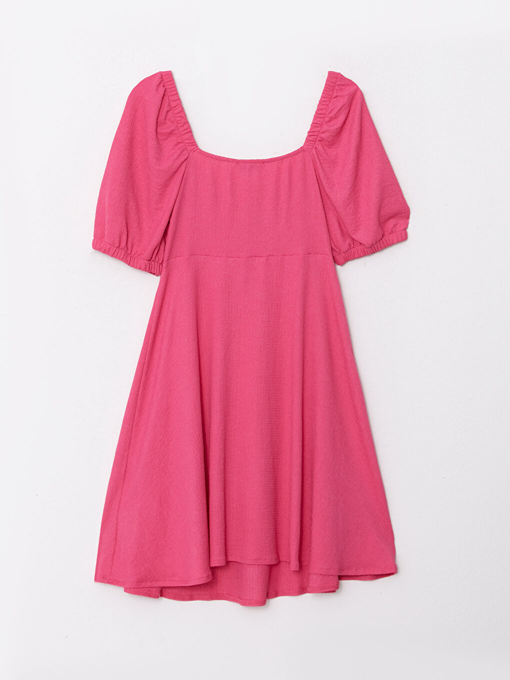 Fuşya Kalp Yaka Düz Kısa Kollu Kadın Elbise-6