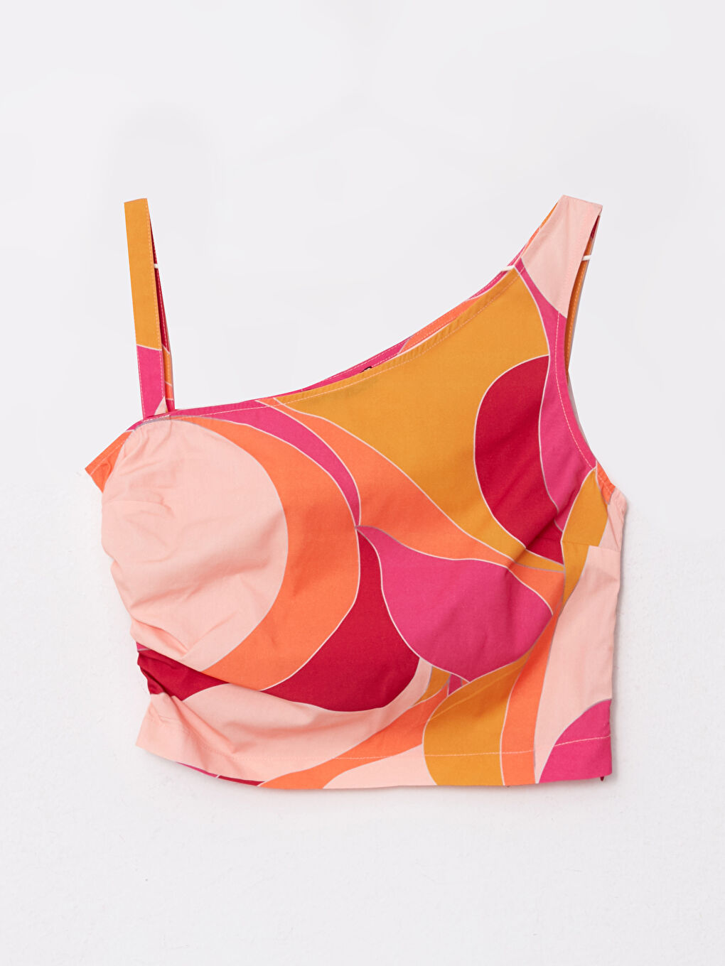 Pembe Kayık Yaka Desenli Askılı Crop Poplin Kadın Bluz-5