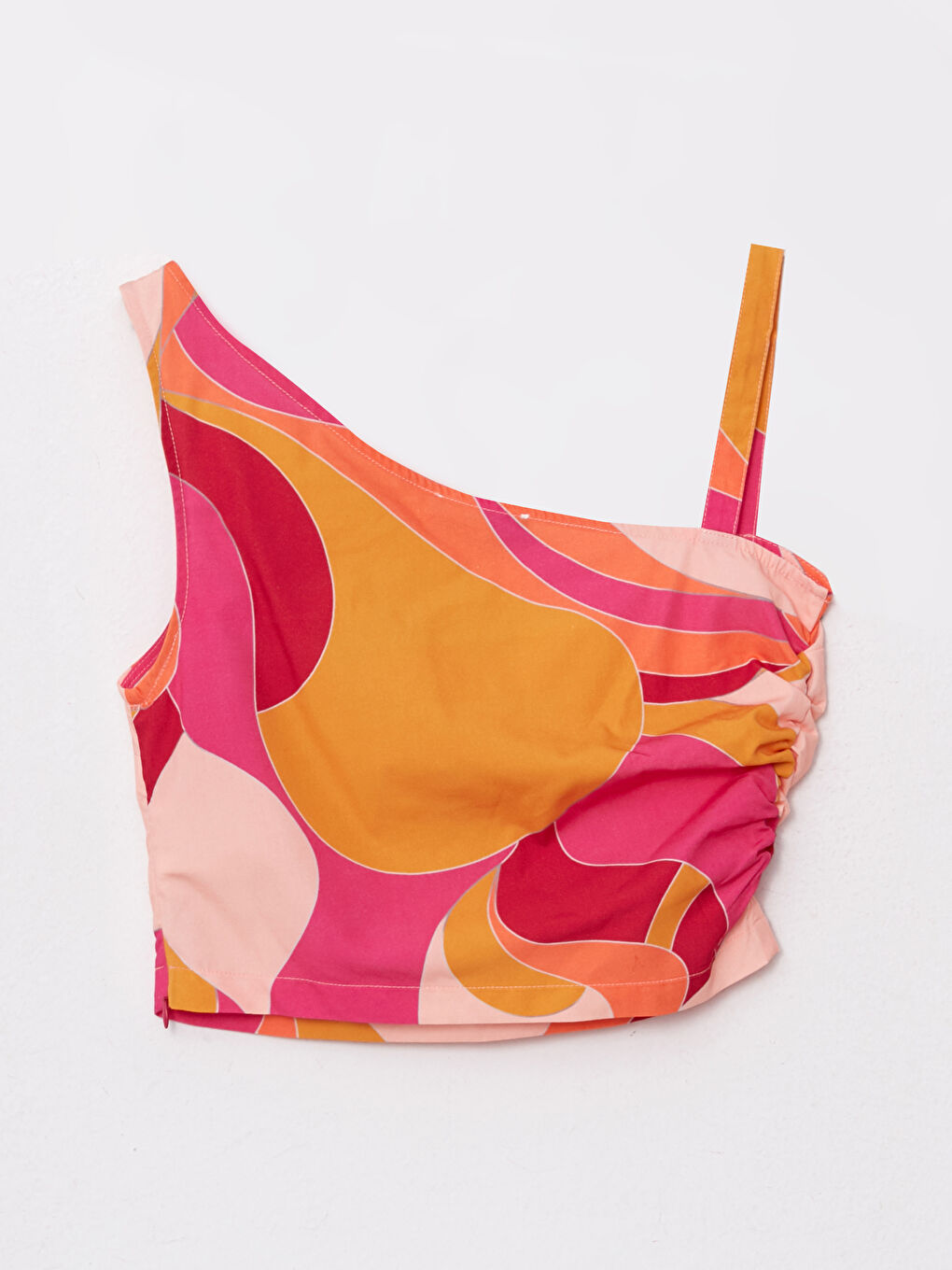 Pembe Kayık Yaka Desenli Askılı Crop Poplin Kadın Bluz-6