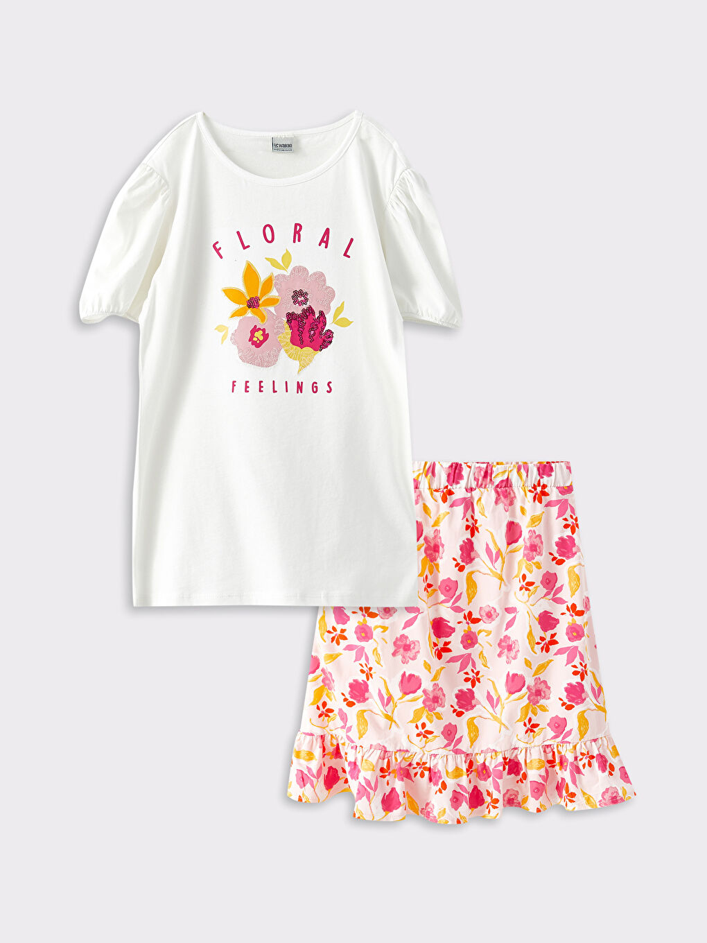 Crew Neck Printed Short Sleeve Girl's T-Shirt and Skirt