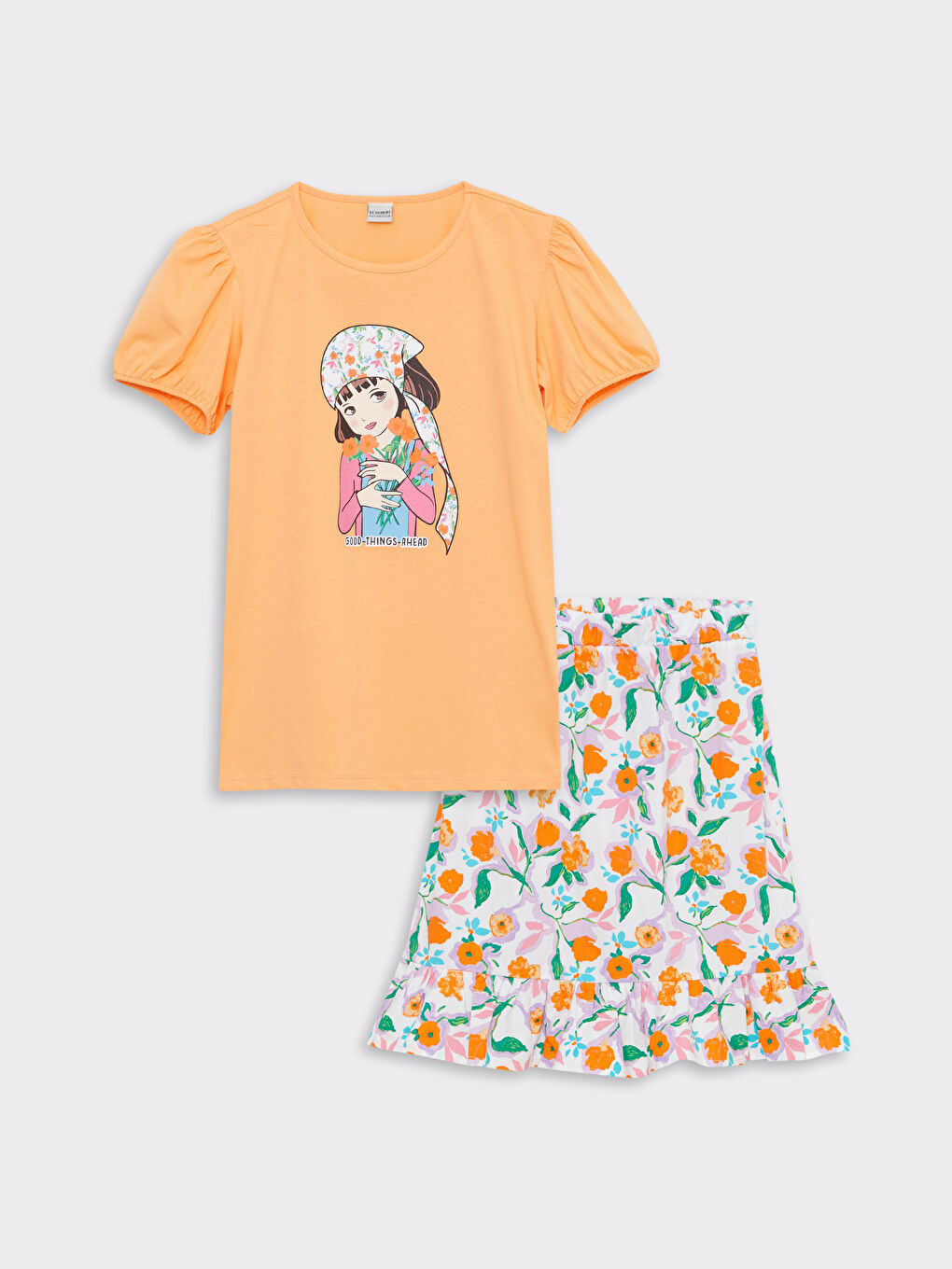 Turuncu Bisiklet Yaka Baskılı Kısa Kollu Kız Çocuk Tişört ve Etek