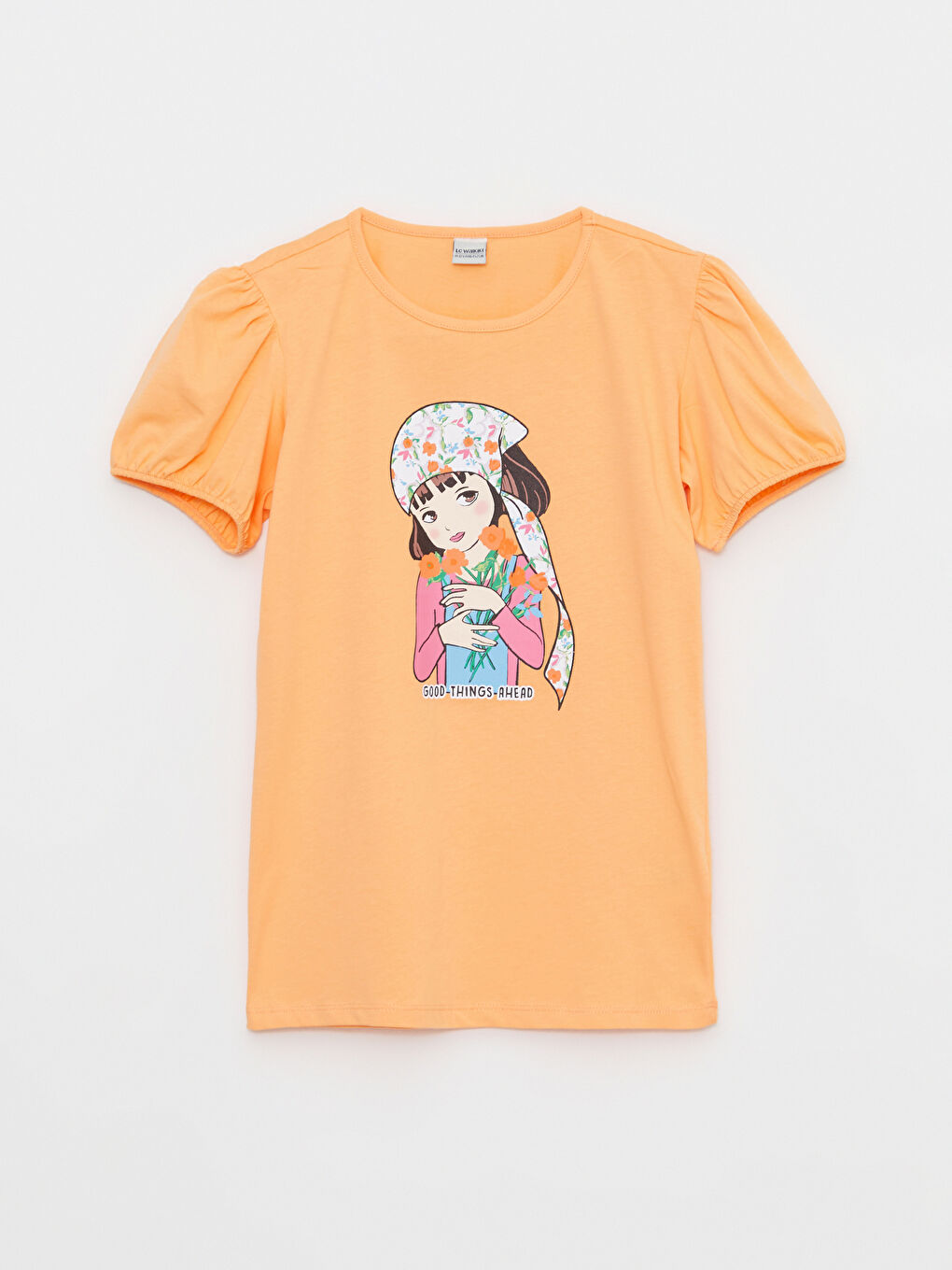 Turuncu Bisiklet Yaka Baskılı Kısa Kollu Kız Çocuk Tişört ve Etek-1