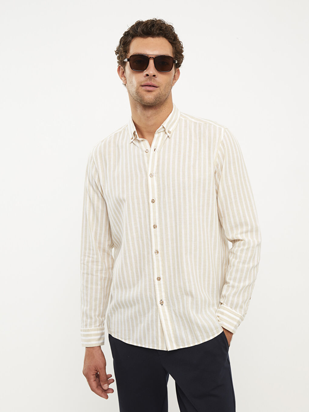 Bej Regular Fit Uzun Kollu Çizgili Erkek Gömlek-2
