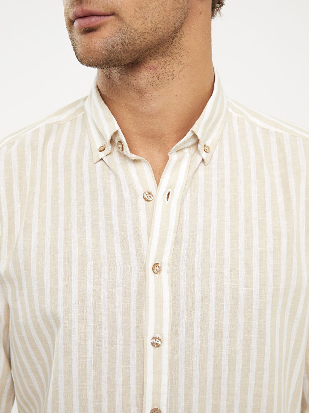 Bej Regular Fit Uzun Kollu Çizgili Erkek Gömlek-3