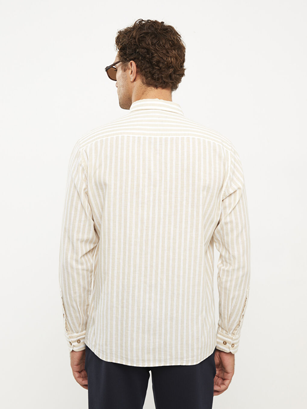 Bej Regular Fit Uzun Kollu Çizgili Erkek Gömlek-4