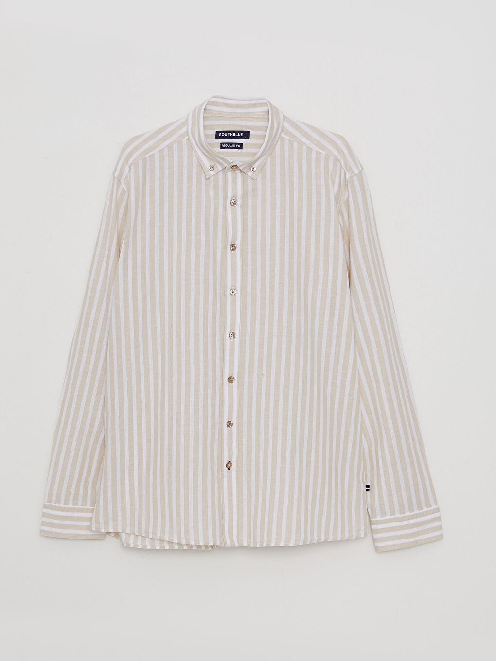 Bej Regular Fit Uzun Kollu Çizgili Erkek Gömlek-5