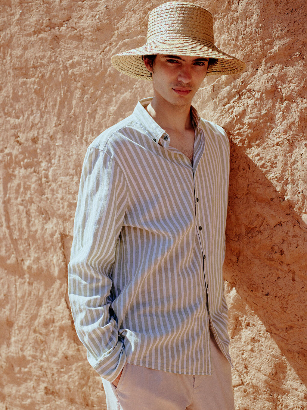 Yeşil Regular Fit Uzun Kollu Çizgili Erkek Gömlek