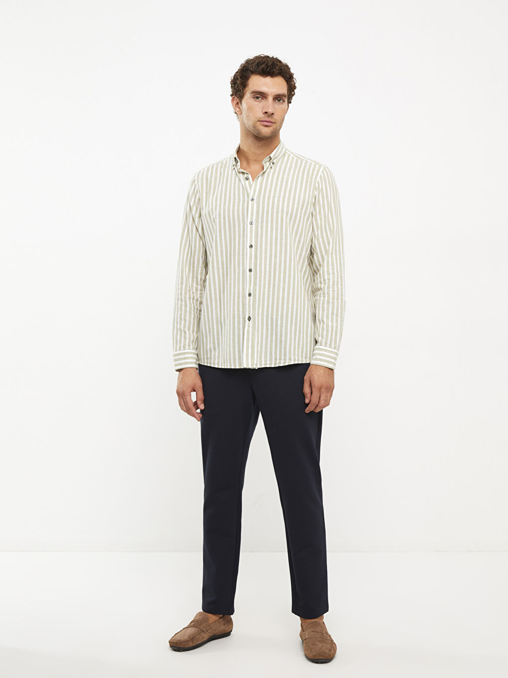 Yeşil Regular Fit Uzun Kollu Çizgili Erkek Gömlek-1