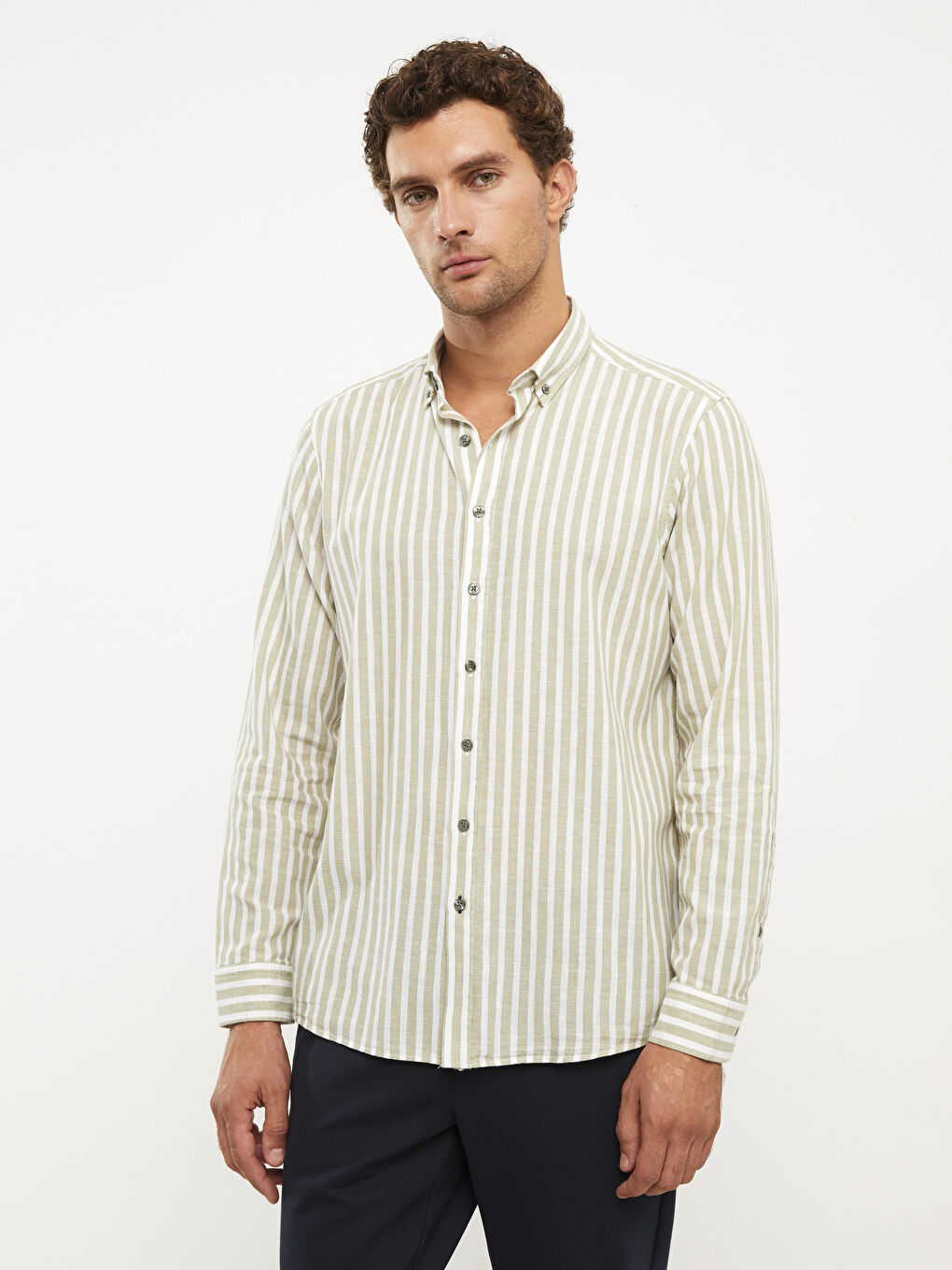 Yeşil Regular Fit Uzun Kollu Çizgili Erkek Gömlek-2