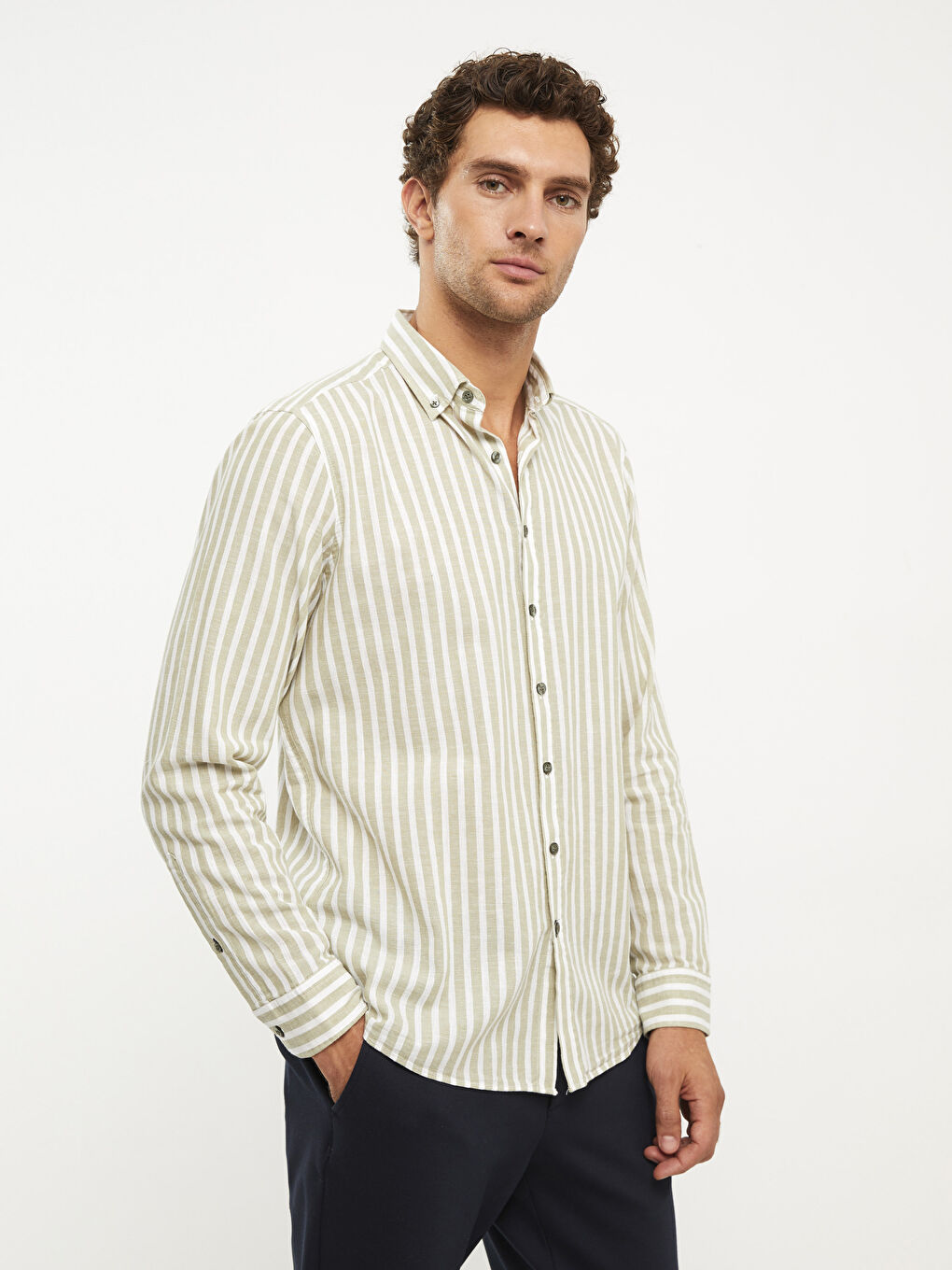 Yeşil Regular Fit Uzun Kollu Çizgili Erkek Gömlek-3