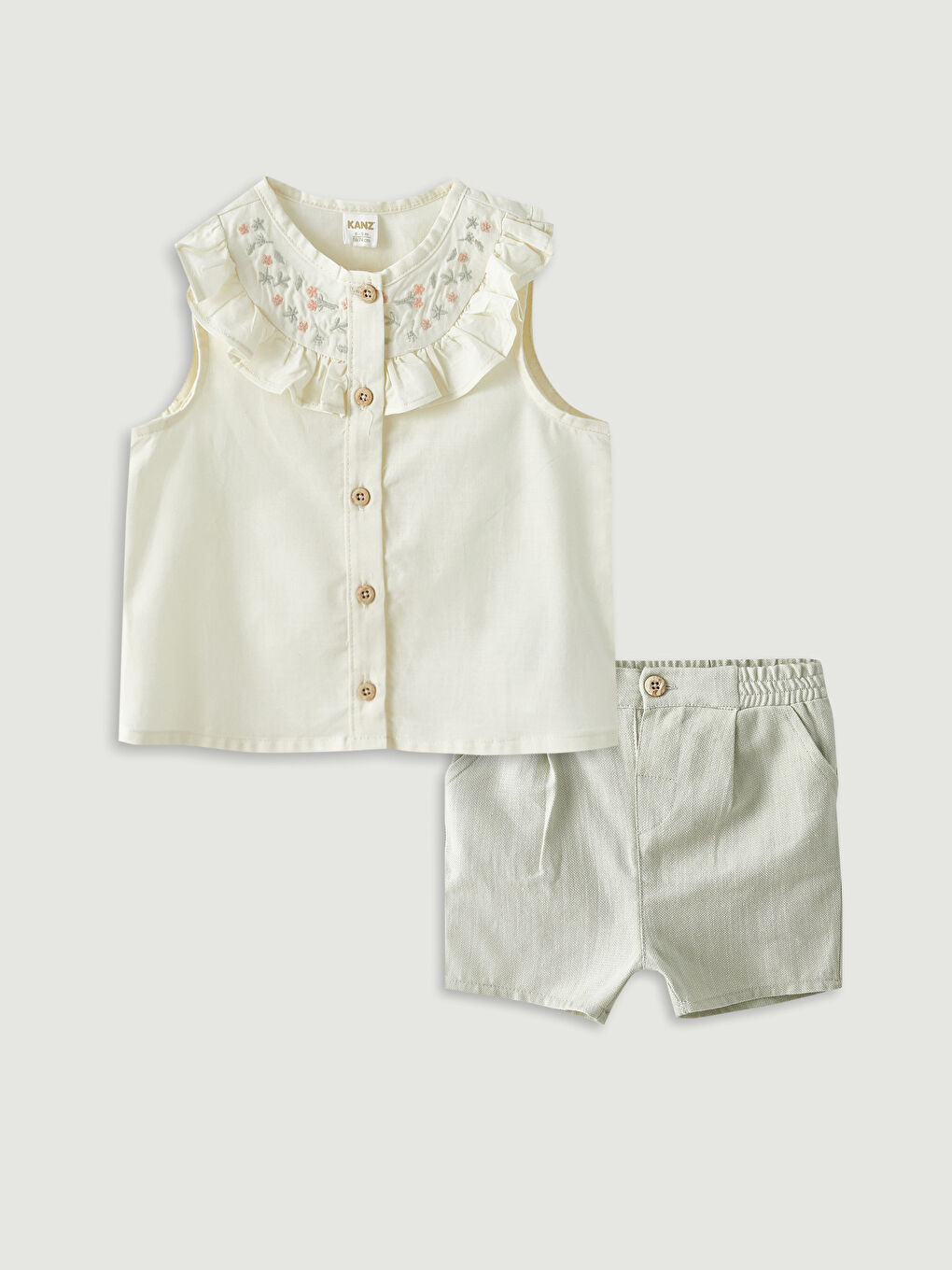Ekru Bisiklet Yaka Nakış Detaylı Kız Bebek Gömlek ve Şort 2'li Takım