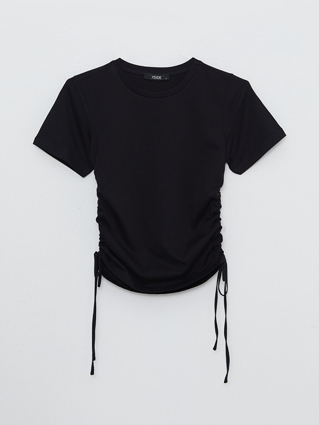 Siyah Bisiklet Yaka Düz Kısa Kollu Crop Pamuklu Kadın Tişört-4