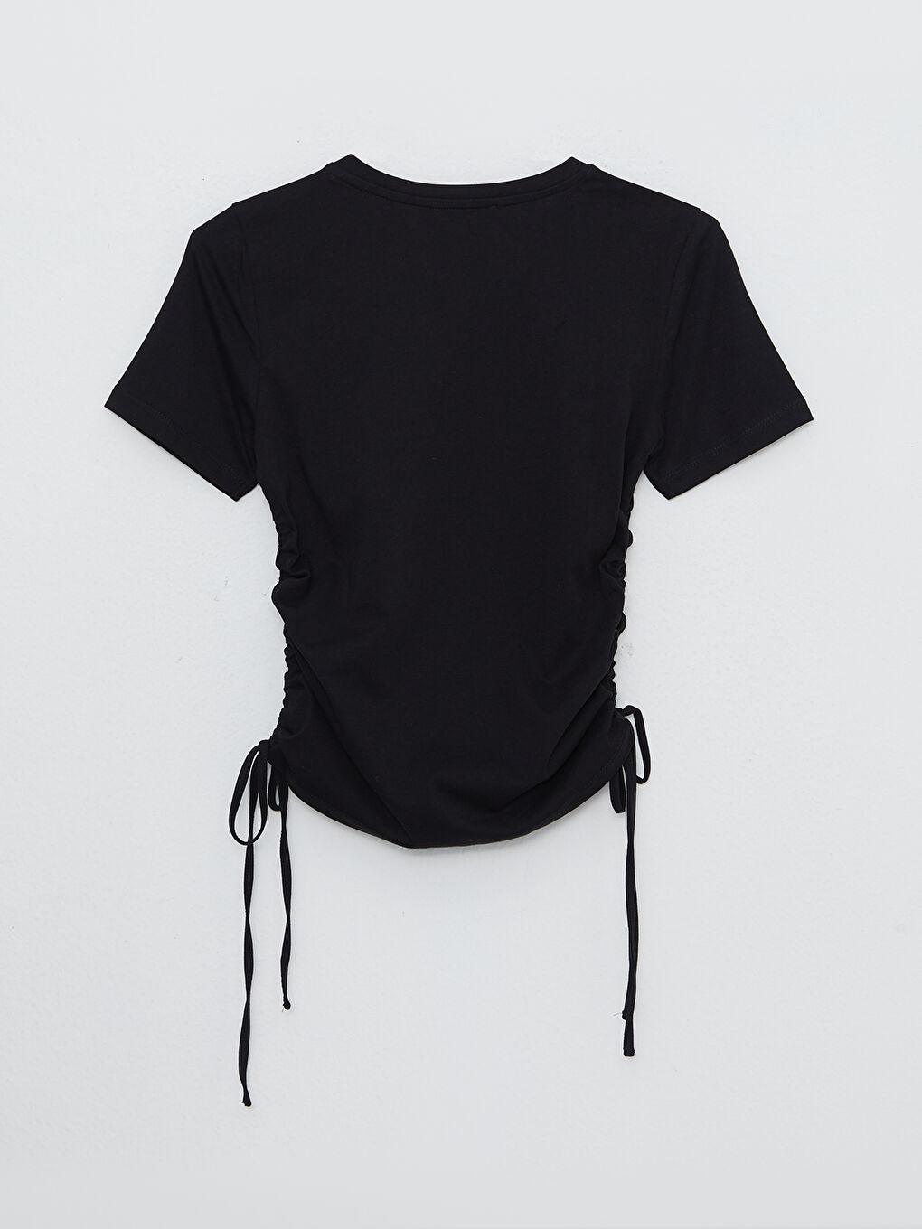 Siyah Bisiklet Yaka Düz Kısa Kollu Crop Pamuklu Kadın Tişört-5