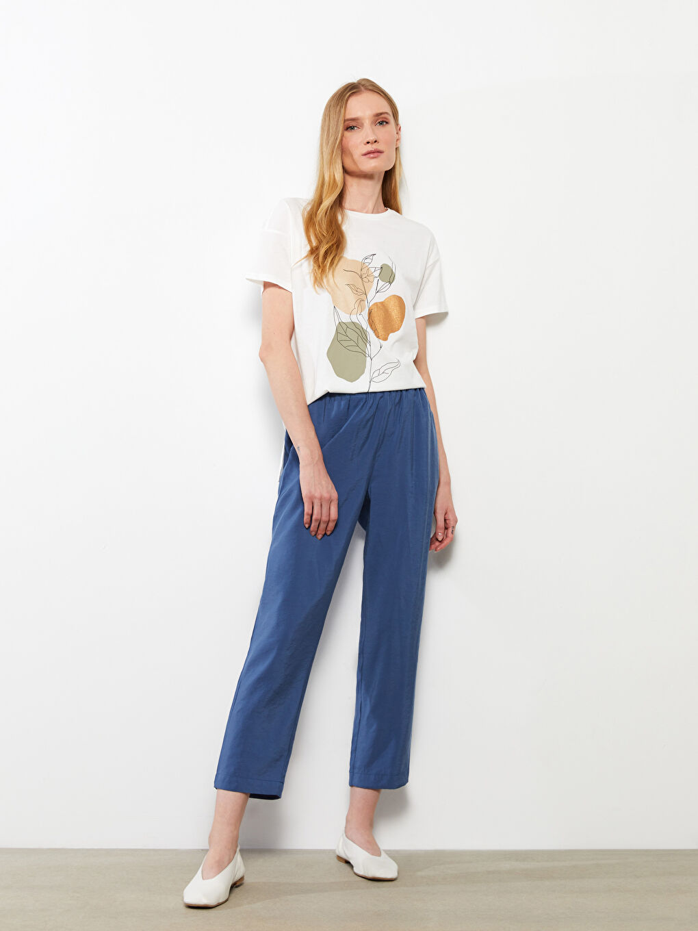 Mavi Kadın Beli Lastikli Düz Pantolon