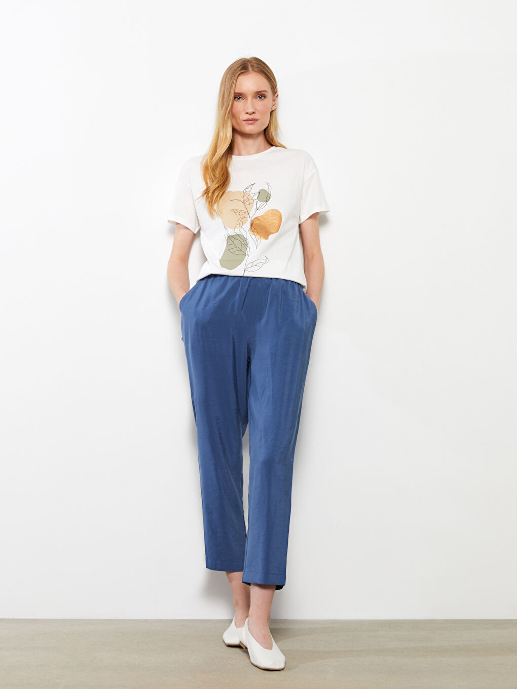 Mavi Kadın Beli Lastikli Düz Pantolon-1