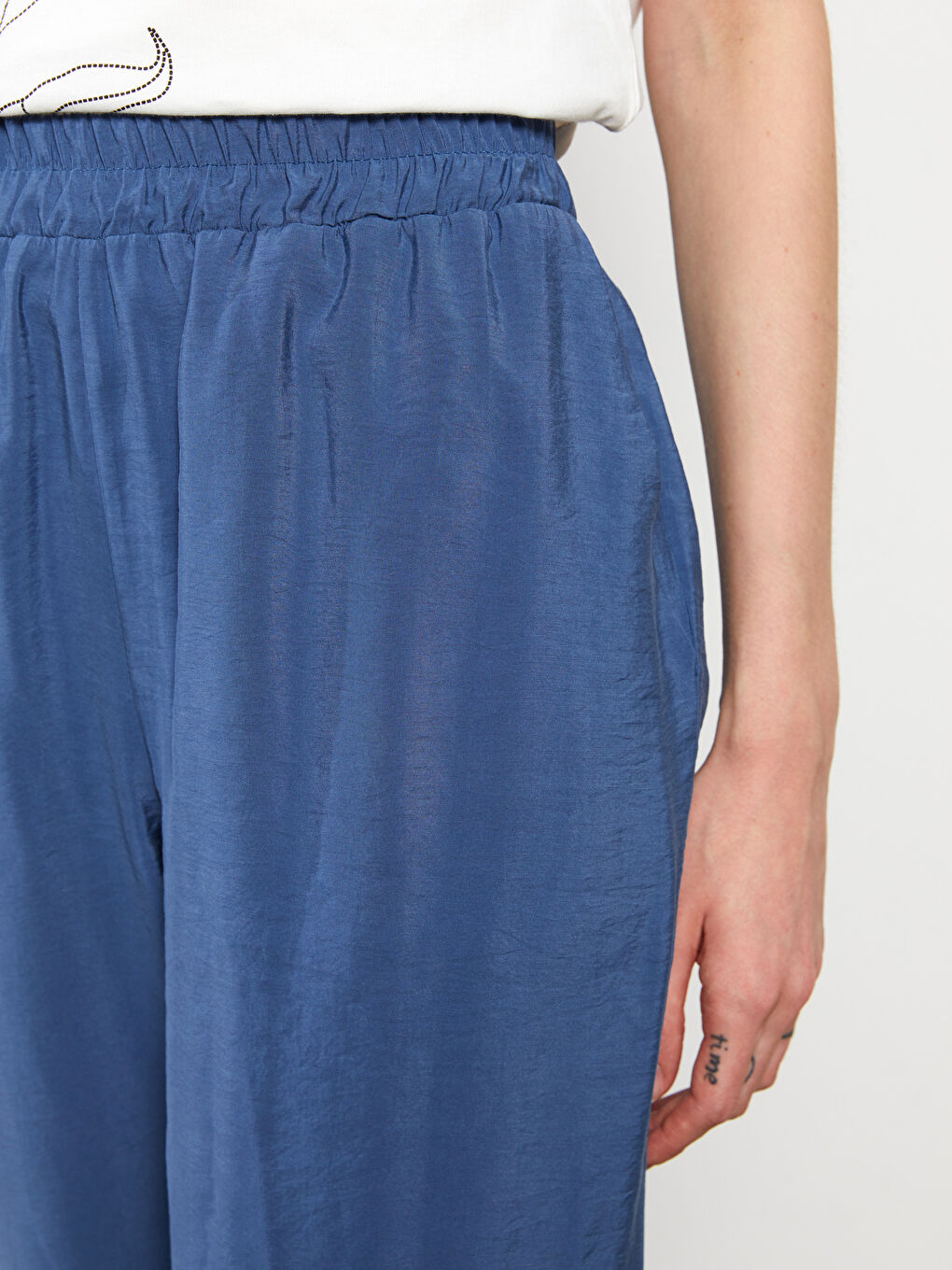 Mavi Kadın Beli Lastikli Düz Pantolon-2