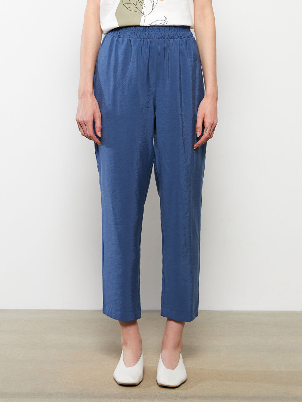 Mavi Kadın Beli Lastikli Düz Pantolon-3