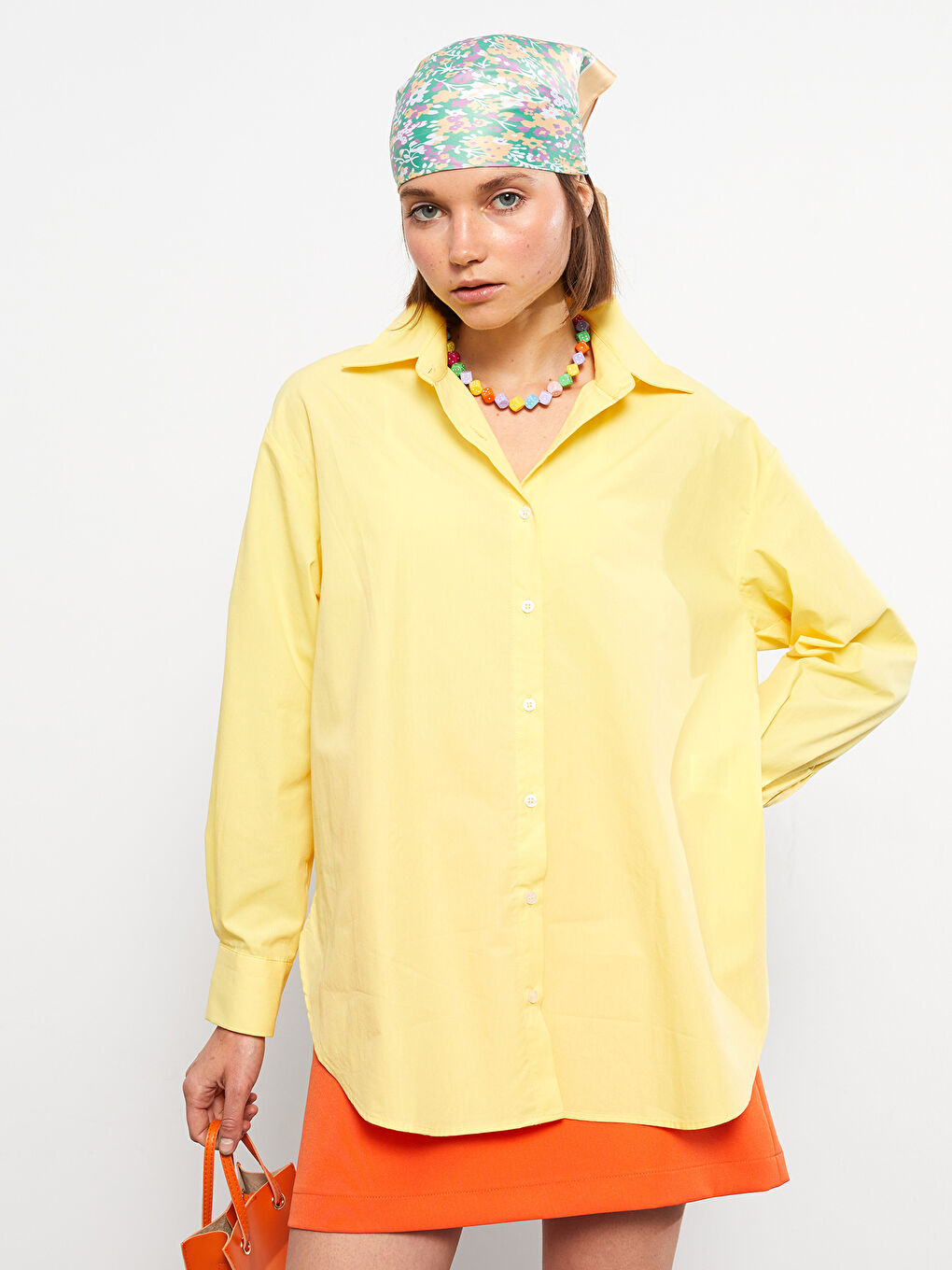 Sarı Önden Düğme Kapamalı Düz Uzun Kollu Pamuklu Kadın Gömlek-1