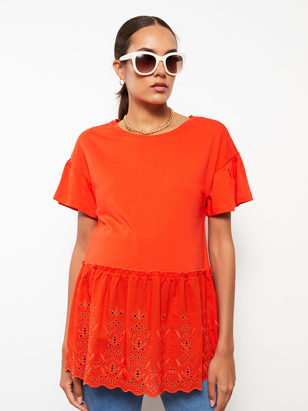 Turuncu Bisiklet Yaka Nakışlı Kısa Kollu Hamile Tişört