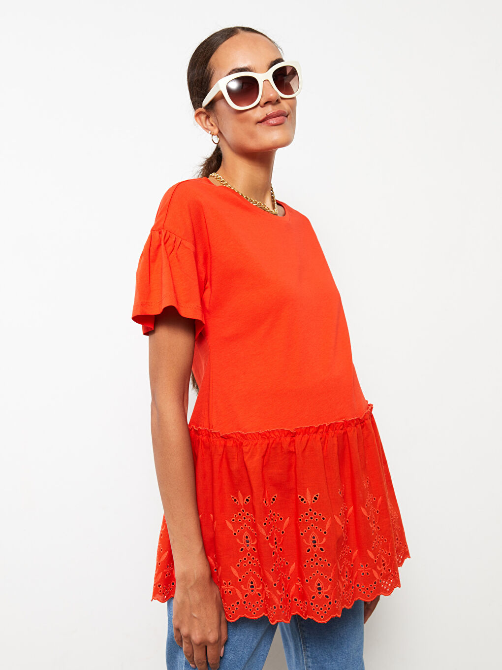 Turuncu Bisiklet Yaka Nakışlı Kısa Kollu Hamile Tişört-1