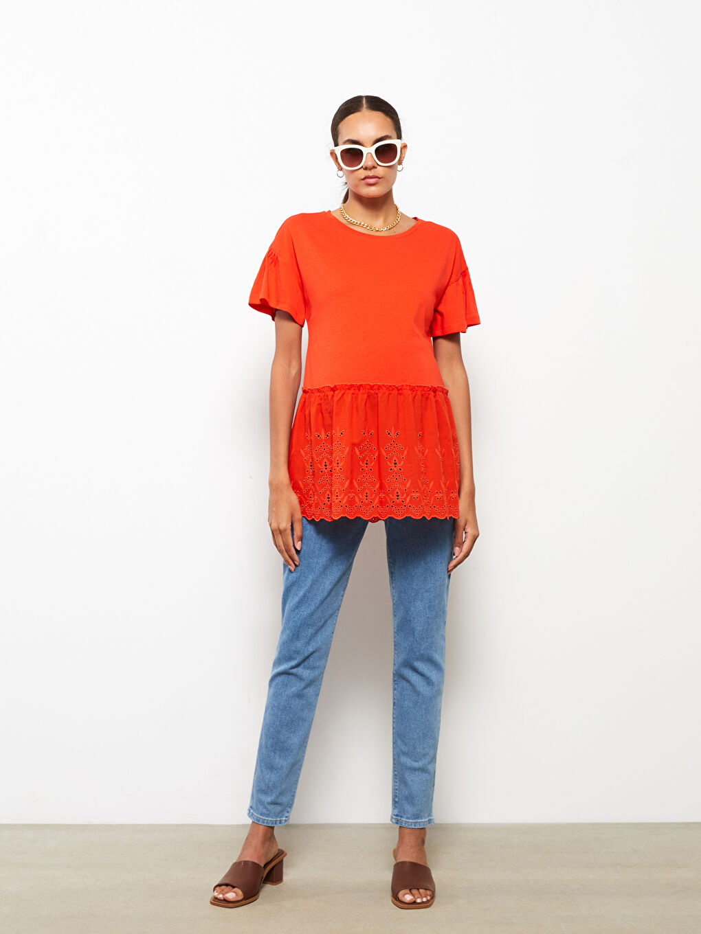 Turuncu Bisiklet Yaka Nakışlı Kısa Kollu Hamile Tişört-2