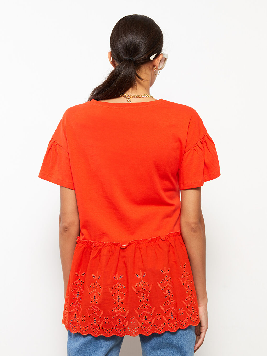 Turuncu Bisiklet Yaka Nakışlı Kısa Kollu Hamile Tişört-5