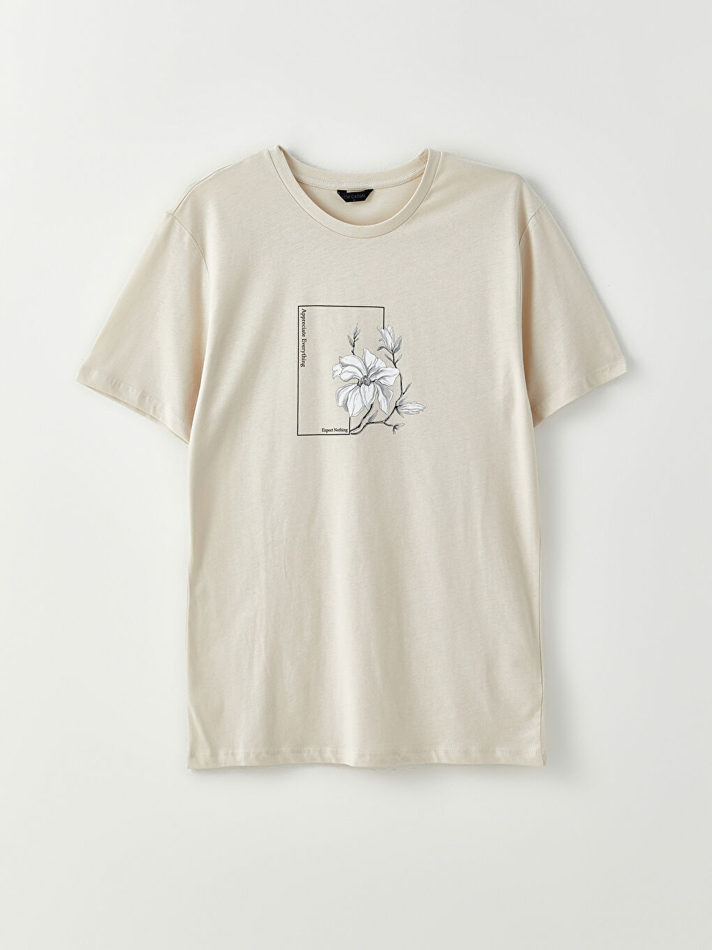 Bej Bisiklet Yaka Kısa Kollu Baskılı Penye Erkek Tişört-5