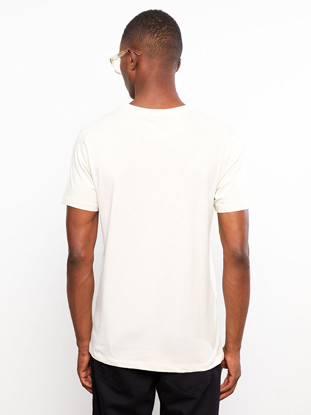 Bej Bisiklet Yaka Kısa Kollu Baskılı Penye Erkek Tişört-4