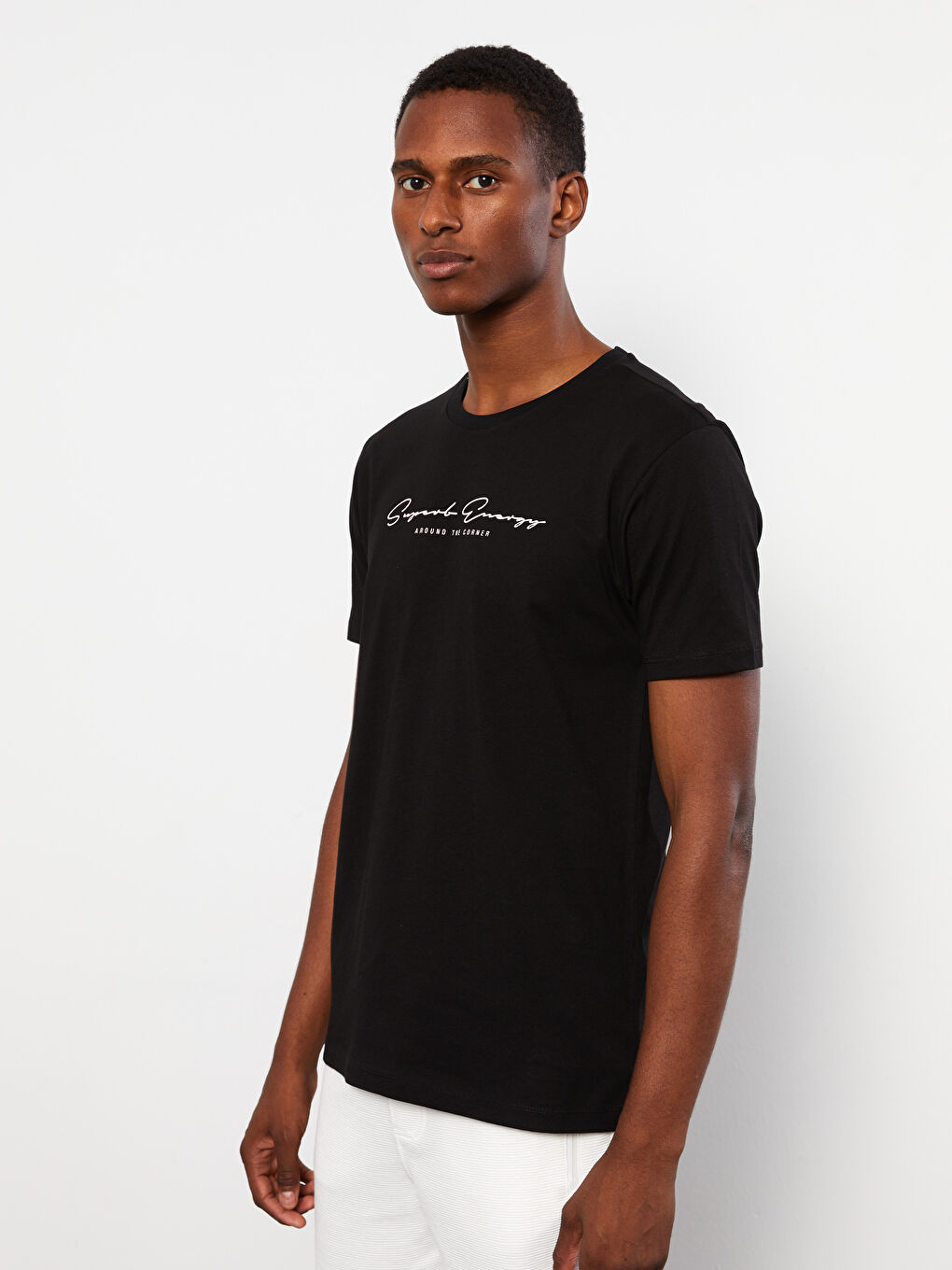 Siyah Bisiklet Yaka Kısa Kollu Baskılı Penye Erkek Tişört