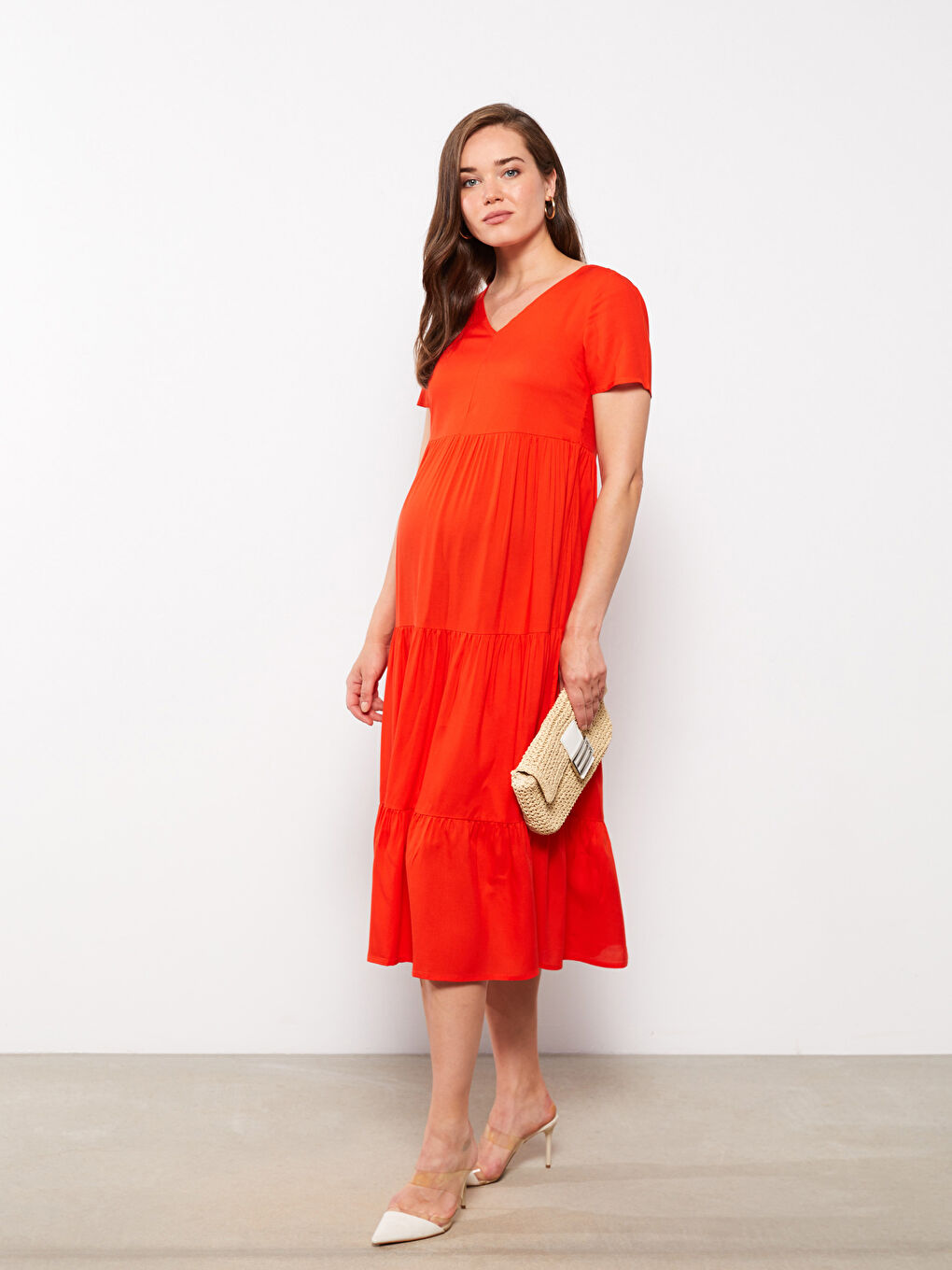 Turuncu V Yaka Düz Kısa Kollu Viskon Hamile Elbise-1