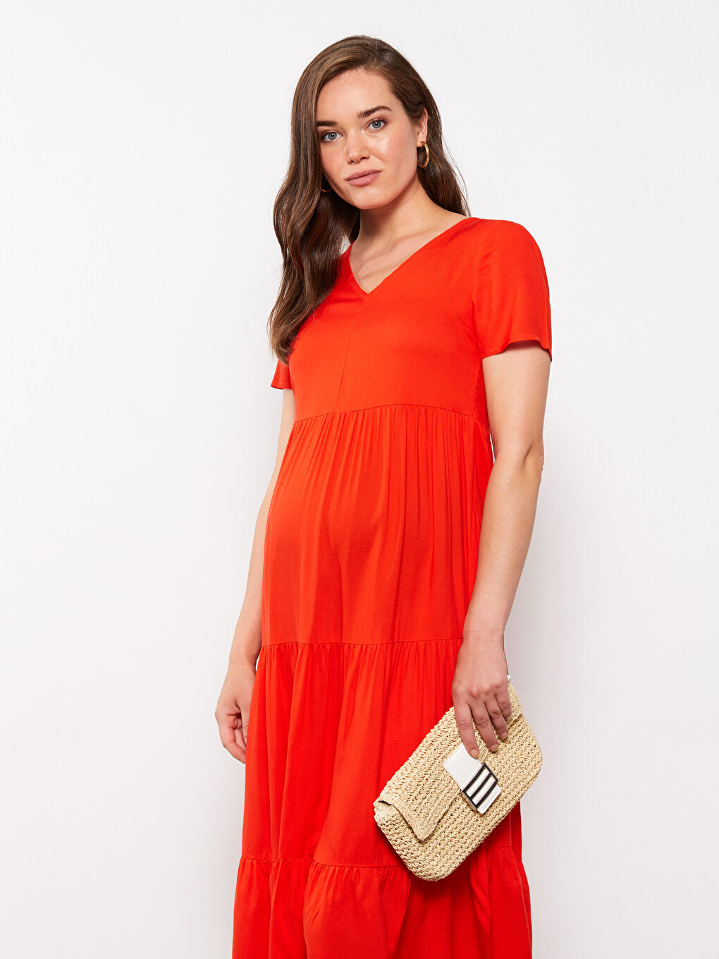 Turuncu V Yaka Düz Kısa Kollu Viskon Hamile Elbise-2