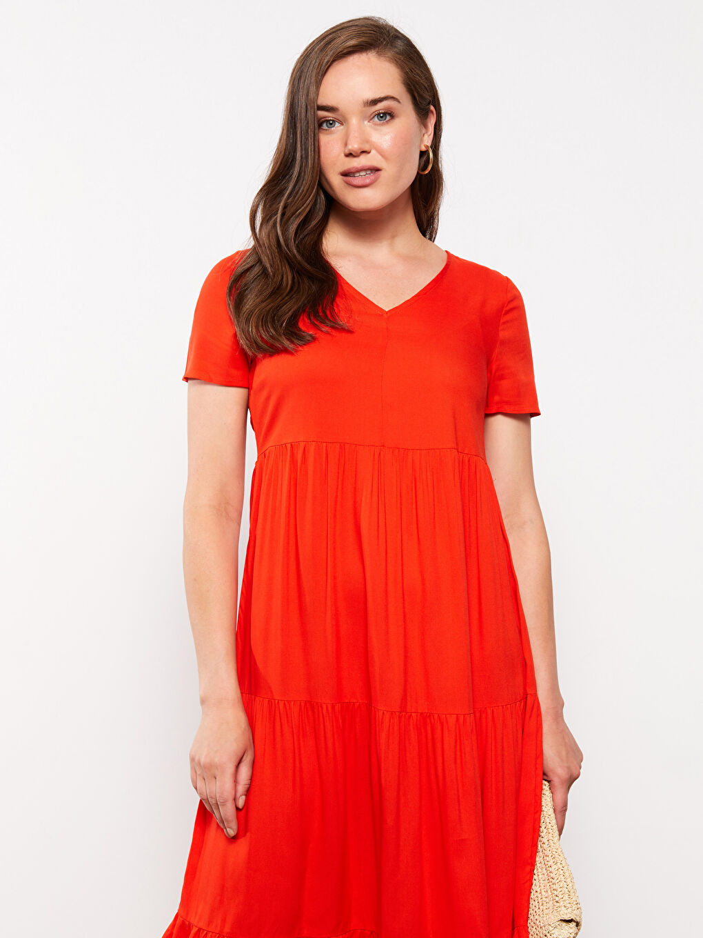 Turuncu V Yaka Düz Kısa Kollu Viskon Hamile Elbise-3