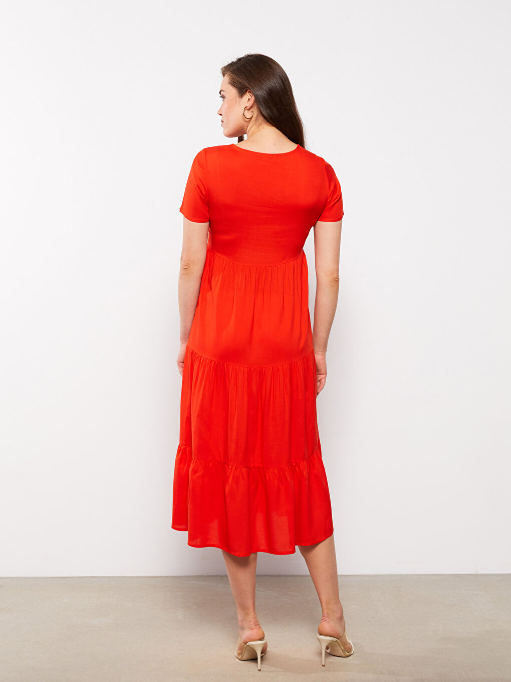 Turuncu V Yaka Düz Kısa Kollu Viskon Hamile Elbise-5