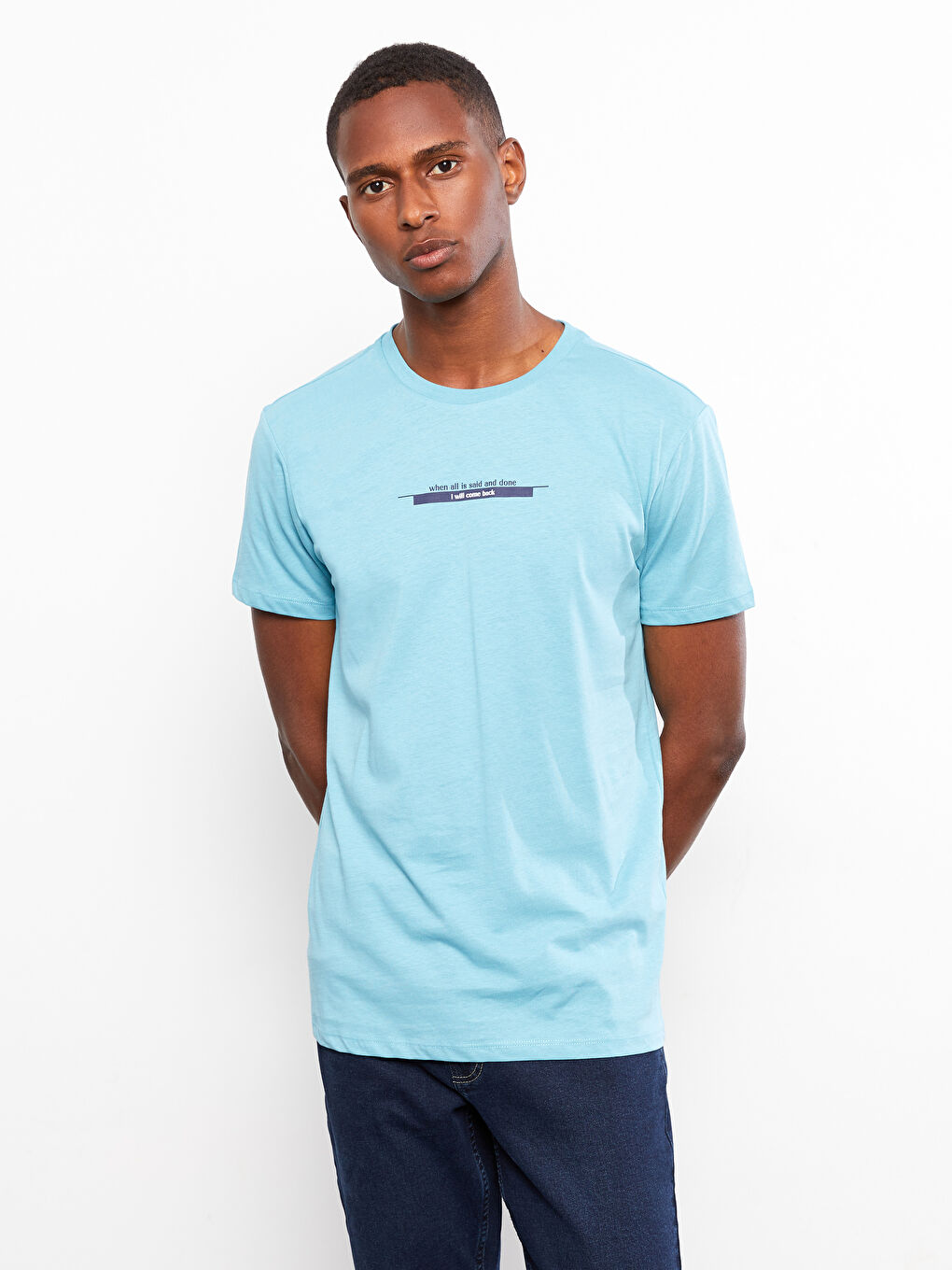 Petrol Bisiklet Yaka Kısa Kollu Baskılı Penye Erkek Tişört