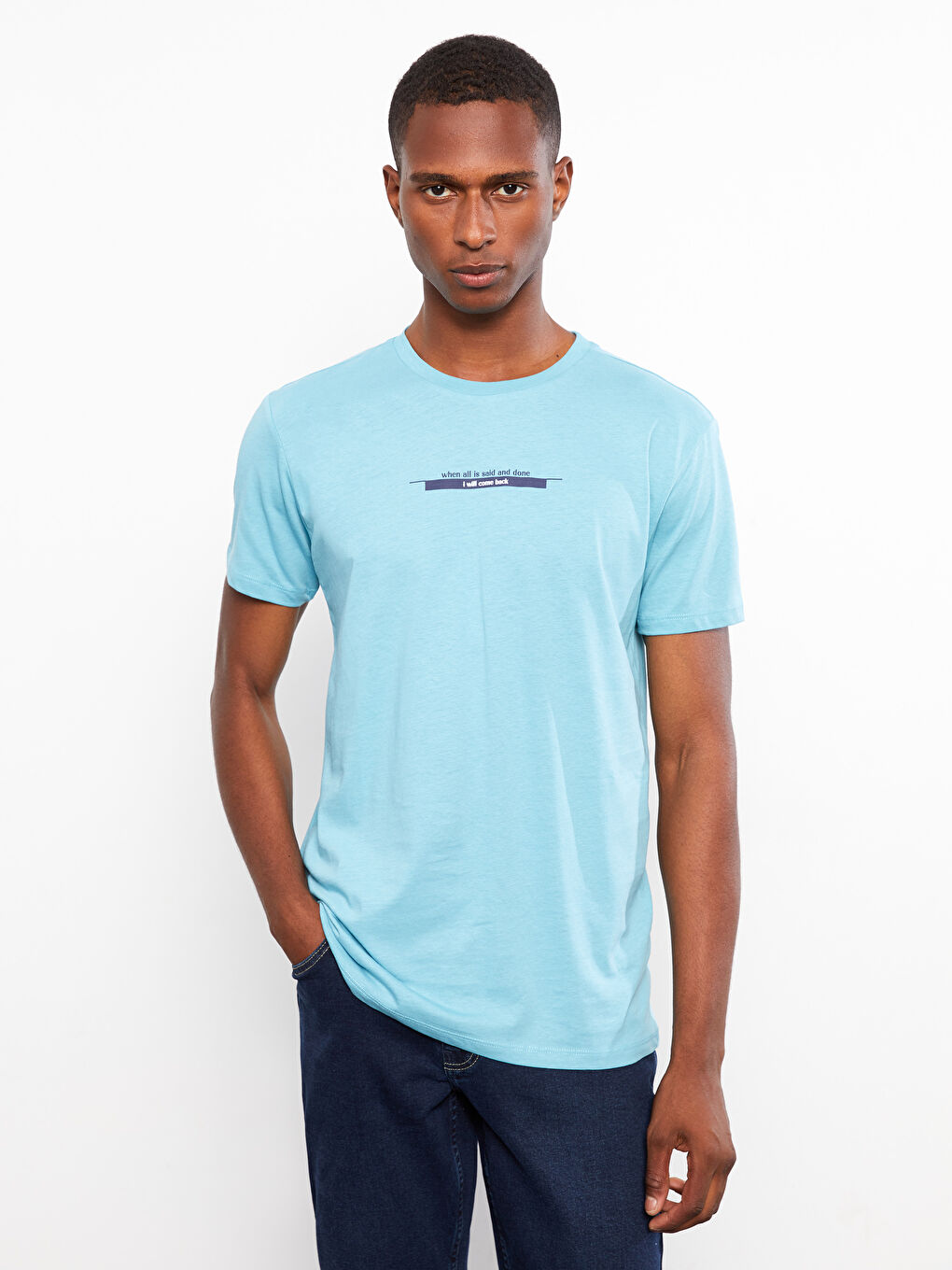 Petrol Bisiklet Yaka Kısa Kollu Baskılı Penye Erkek Tişört-1